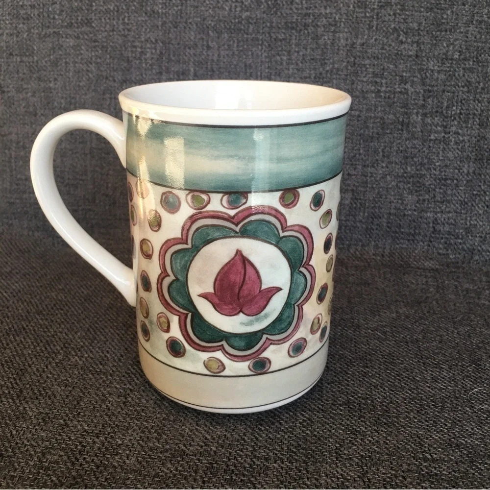 Floral Hamsa Polka Dot Coffee Mug, Cream, Green, Red, 11 oz